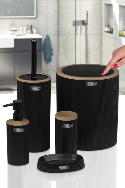 5-teiliges Schwarzes Rundes Badezimmer-Set mit Streifen – Mina Due Design