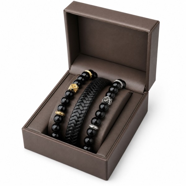 Herren Armband Set 3-teilig – Echtleder & Hämatit Naturstein – Geschenkbox