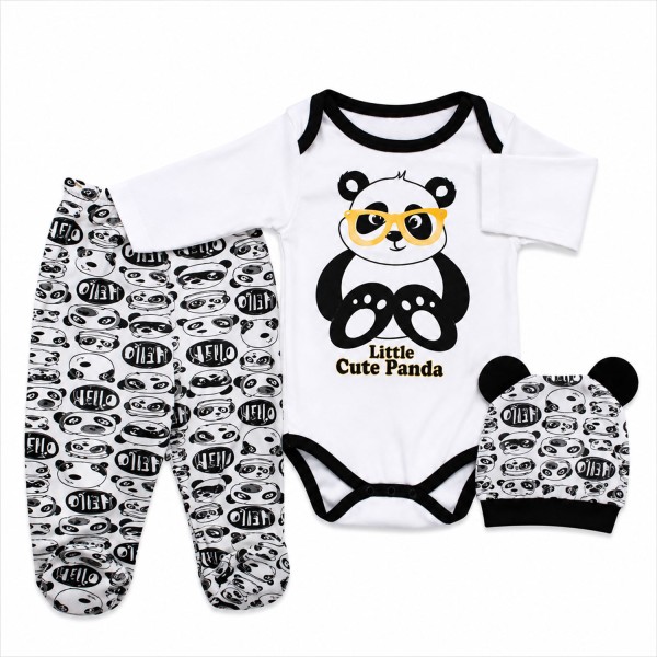 Baby 3-teiliges Set 100% Baumwolle Panda Body Strampelhose Mütze 0-3 / 3-6 Monate