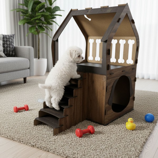 3XL Hundehütte mit Treppe & Balkon aus MDF, Indoor Hundebett Haus Dunkelbraun / Natur