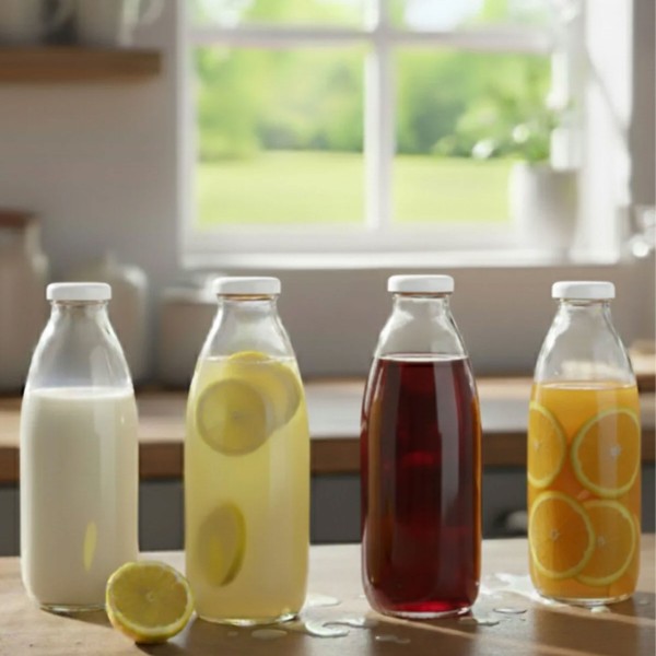 4er Set Glasflaschen 1000 ml mit weißem Schraubdeckel – Milch, Saft, Limonade