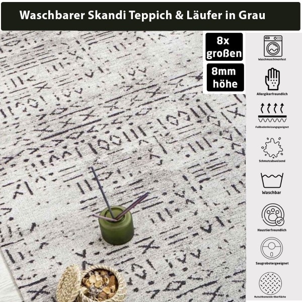 Wohnzimmer Teppich Aztek Design Grau Modern Läufer Teppichläufer 30°C Wäsche NEU