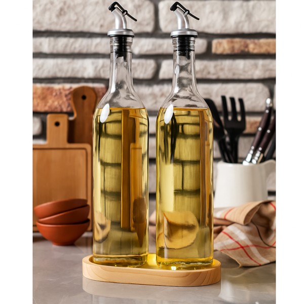 +2er-Set 750 ml Öl- und Essigflaschen mit Holzständer – Transparente Glas-Olivenöl- und Speiseölspen
