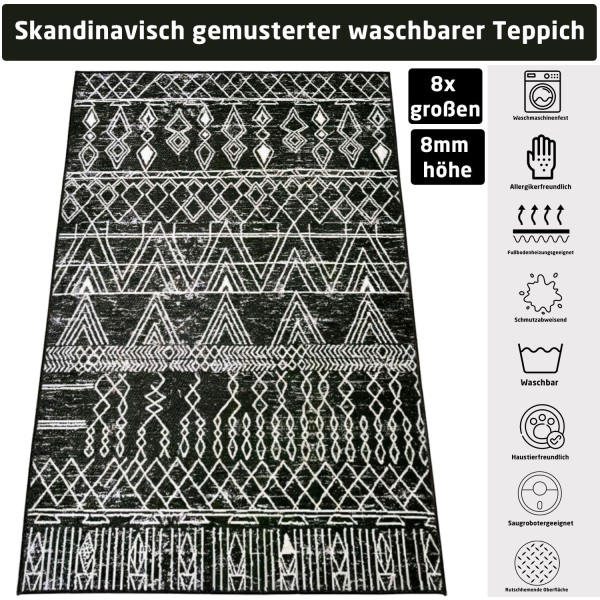 Wohnzimmer Teppich Skandinavien Design Schwarz 8mm Flach Waschbar Läufer Carpet