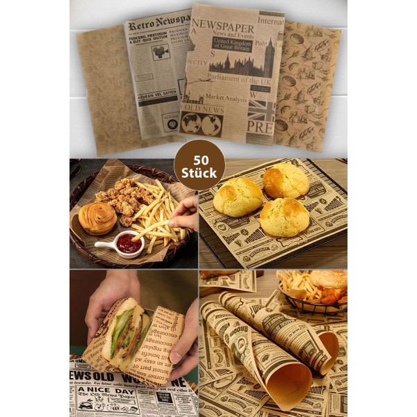 Vintage Backpapier Hamburgerpapier Einschlagpapier Zeitung Fettdicht 26x36 cm