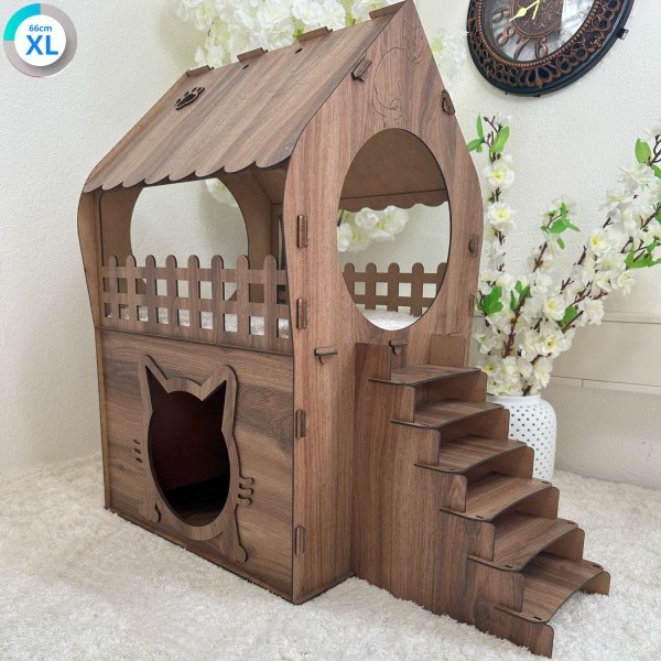 Katzenhaus XL 2 Etagen mit Treppe & Balkon MDF Indoor Stecksystem 4 Farben