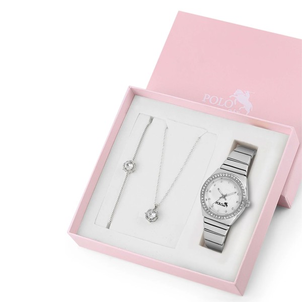 "polo air Lüx Taşlı Kadın Kol Saati Zirkon Taşlı Kolye Bileklik Özel Kombin Set Gümüş Renk"