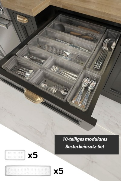 Meleni Home 10‑teiliger modularer Besteck-/Küchenorganizer für Schubladen – transparent (ab 3 Jahren