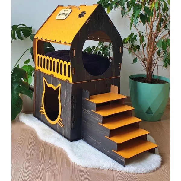 2-stöckiges Katzenhaus Orange-Schwarz mit Treppe & Fenster aus Holz