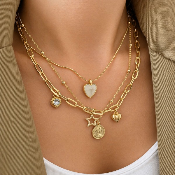 3er Layering Damen Halsketten Set Gold Herz Münze Geschenkbox