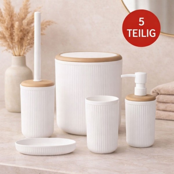 Okyanus Home Linea Due Kırık Beyaz Çizgili Yuvarlak 5'li Banyo Seti
