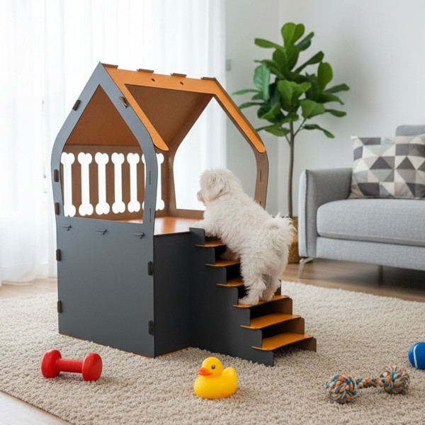 3XL Hundehütte mit Treppe & Balkon aus MDF, Indoor Hundebett Haus Anthrazit / Orange