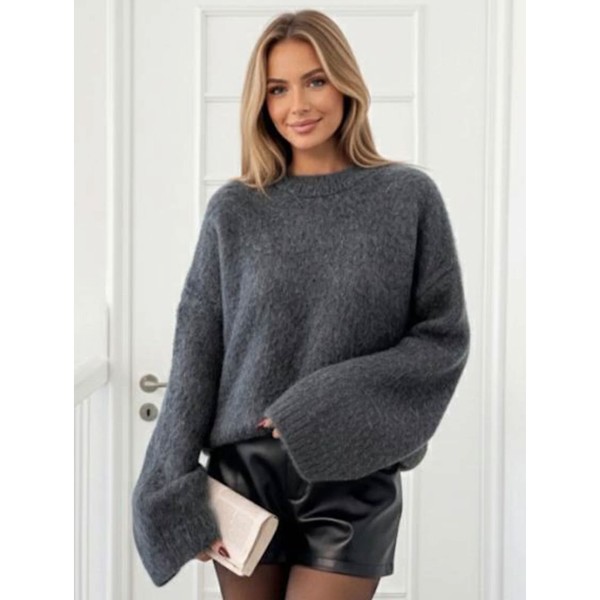 Damen Oversize Strickpullover Grau – Weicher Triko Pullover Größe L
