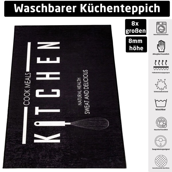 Küchenteppich Kitchen Cook Meal Schwarz Läufer Waschbar Küchenmatte Küchenläufer