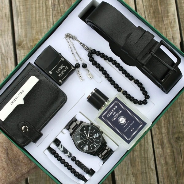 wesscollection Erkek Kol Saati Parfüm Çakmak Kemer Cüzdan Tesbih ve Bileklik Seti