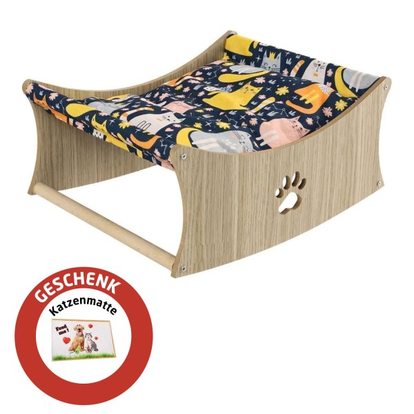 Holz Hängematte | Komfortables Katzenbett mit Schaukel-Funktion + GRATIS Katzenmatte