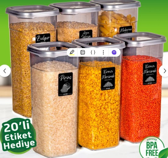 OFFBOX 6 Adet 12 Parça 1,7 Litre Jumbo Boy Kare Erzak Saklama Kabı Seti 20 Etiket Hediyeli