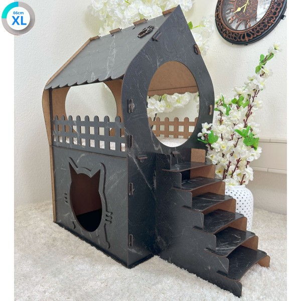 MDF Katzenhaus mit schwarzer Marmoroptik – Zweistöckig – In 3 Größen (XL, XXL, 3XL) – Werkzeugloser