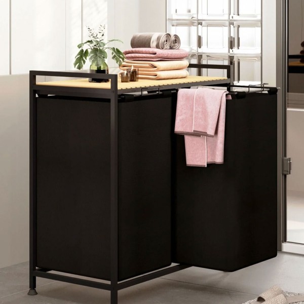 Bino Çamaşır Sepeti Kirli Sepeti Ahşap Banyo Dolabı Büyük Boy Geniş 2 Bölmeli Kumaş Kirli Sepeti