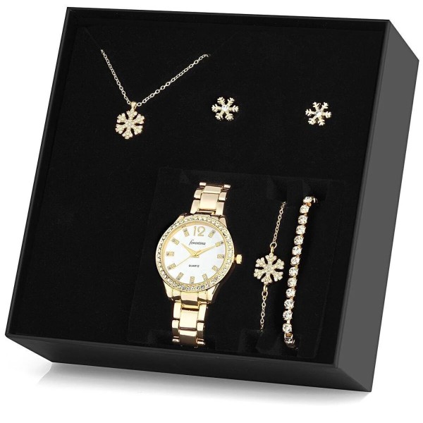 Goldfarbenes Damen Uhr Schmuck Set 6-Teilig Schneeflocke – Kette Armband Ohrringe