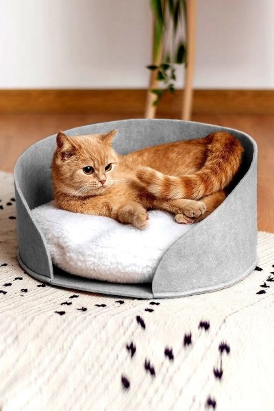 Bundeba Puki Kedi Yatağı Gri Peluş Minderli Evcil Hayvan Kedi Minderi Kedi Yuvası Evi Kulübesi