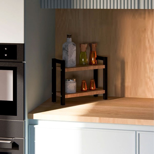 2-stufiger Küchen-Organizer mit Metallrahmen in Schwarz und Holzoptik