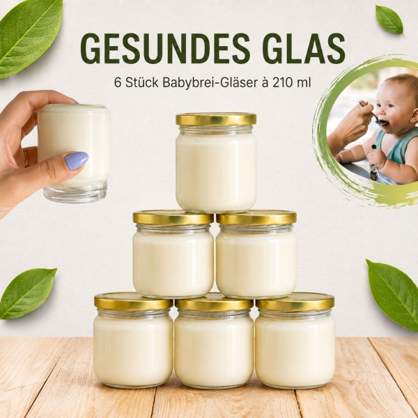 6er Set Babybrei Gläser 210 ml mit Deckel Vorratsgläser für Babynahrung und Joghurt