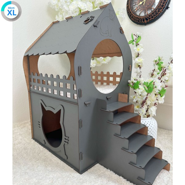 Katzenhaus XL 2 Etagen mit Treppe & Balkon MDF Indoor Stecksystem 4 Farben