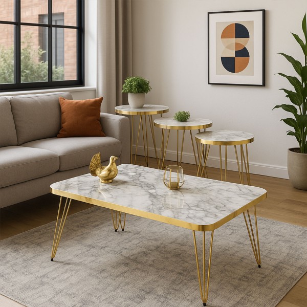 Couchtisch Set 4-Teilig Marmor Design in Weiß