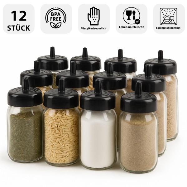 Gewürzdosen Set Glas 12-Teilig 330ml Gewürzbehälter Gewürzgläser inkl. 12xLöffel