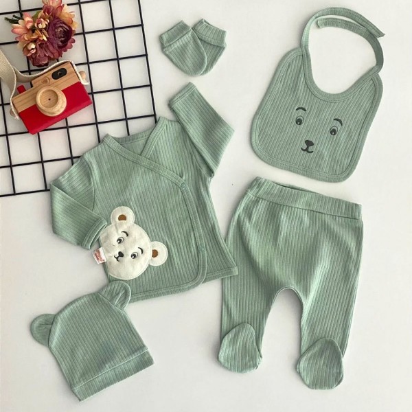 Baby Erstausstattung 5-teilig Set Grün – Bio Baumwolle mit Bärenmotiv 0–3 Monate