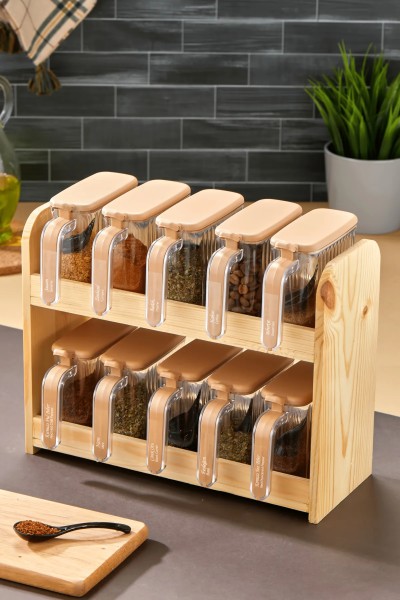 Stand mit 10 Gewürzgläsern & Löffeln – Holz & transparent