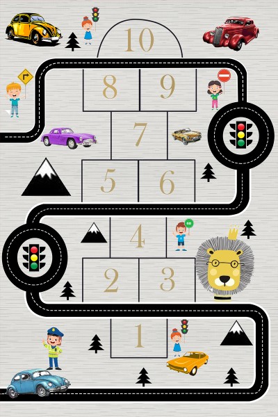 Kinderteppich Hüpfspiel mit Autos und Verkehrsschildern