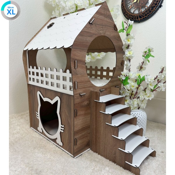 2-stöckiges MDF Katzenhaus in Braun & Weiß – XL, XXL, 3XL – Einfacher Aufbau ohne Werkzeug