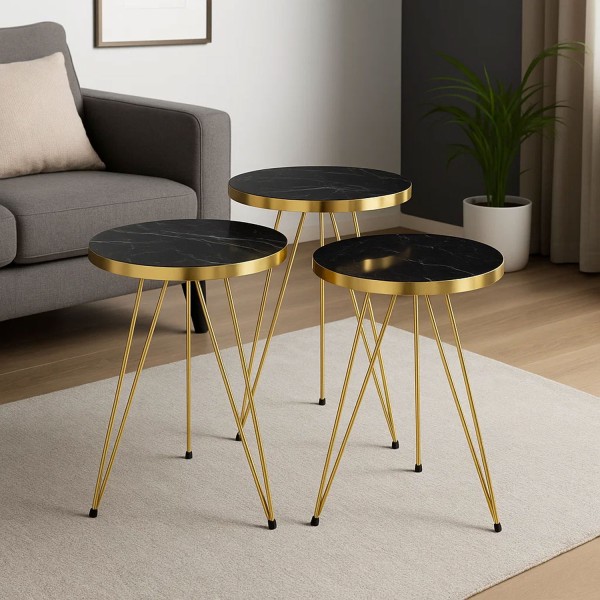 Beistelltisch Set 3-teilig Marmoroptik Gold Rund Wohnzimmertisch Retro Modern Schwarz
