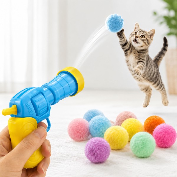 busstier İnteraktif Kedi Oyun Tabancası - Peluş Toplarla Eğlenceli Oyun Zamanı + Ekstra Peluş Toplar