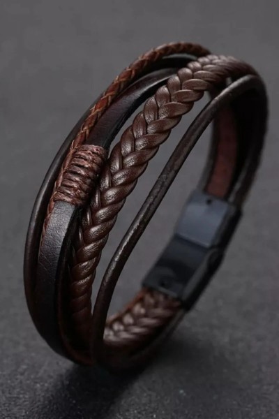 Herren Armband aus echtem Leder – Braun, geflochten mit Magnetverschluss