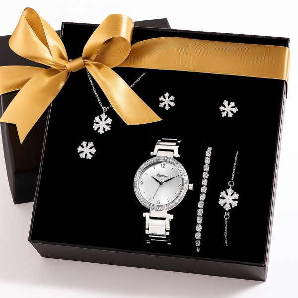 Forentina 6‑teiliges Schmuck‑&Uhr‑Set mit weißem Schneeflocken‑Motiv