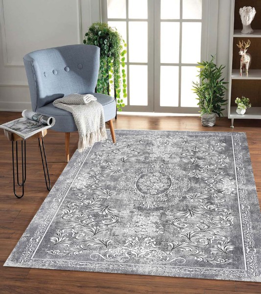 Dinarsu Waschbarer Teppich 1126-Grey 4mm 6x Größen Läufer Grau