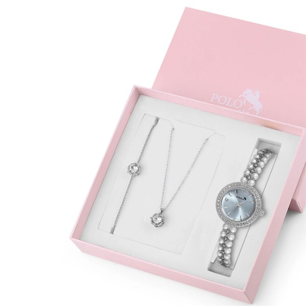 polo air İnci Taşlı Görünümlü Kol Saati Zirkon Taşlı Yuvarlak Kolye Bileklik Set Gümüş
