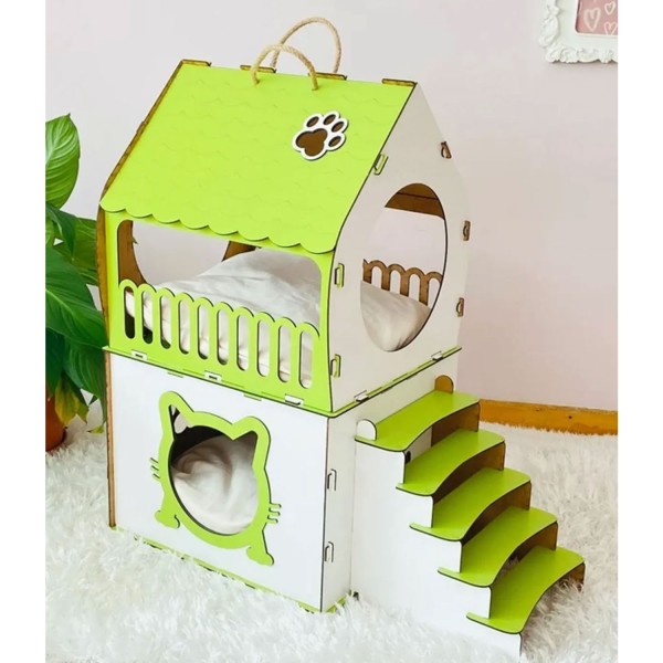 2-stöckiges Katzenhaus Grün-Weiß mit Treppe & Fenster aus Holz