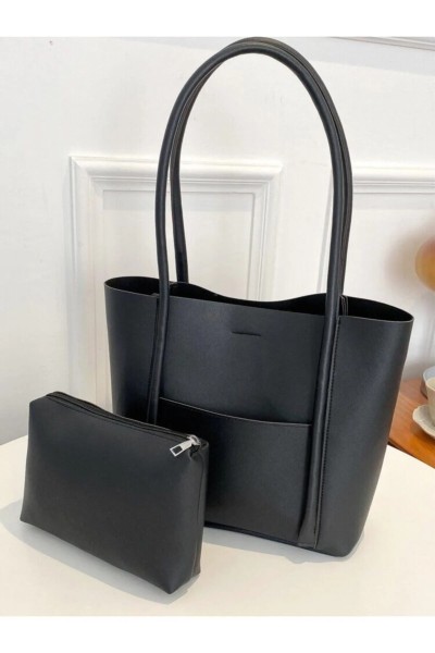 Damen Schultertasche mit Mini-Tasche – 2-in-1 Set, Kunstleder, Schwarz