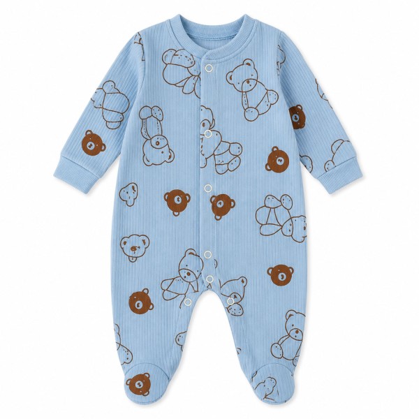 Baby Strampler mit Füßchen Hellblau Bärenmotiv Baumwolle Druckknöpfe Neugeborene 0–3 Monate Unisex