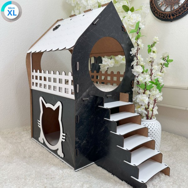 MDF Katzenhaus mit Marmoroptik – Schwarz & Weiß – 2 Etagen – In 3 Größen – Werkzeugloser Aufbau