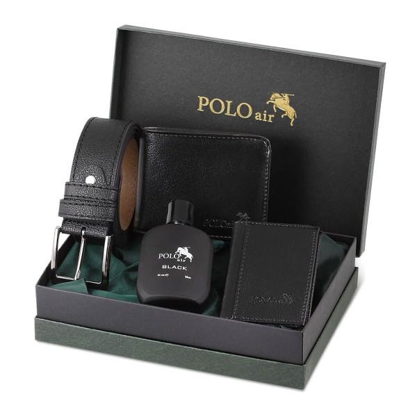 Polo Air Herren Geschenkset – Gürtel, Geldbörse, Kartenetui & Parfum 4-teilig Schwarz