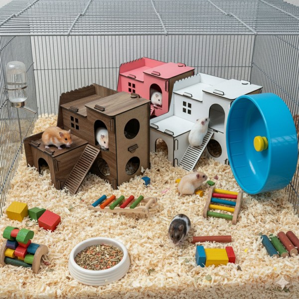 Hamsterhaus & Mäusehaus aus Holz, 2-stöckig mit Rampen & Höhlen