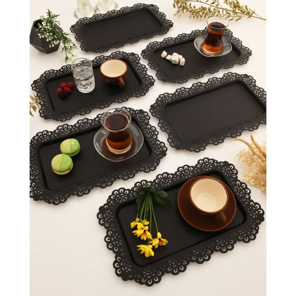 4‑teilige schwarze Servier‑Tablett‑Set mit Spitze „Dantel“ von Waro