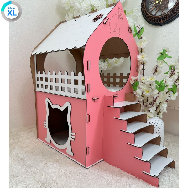 2-stöckiges MDF Katzenhaus in Pink & Weiß – XL, XXL, 3XL – Werkzeugloser Aufbau für Innenräume