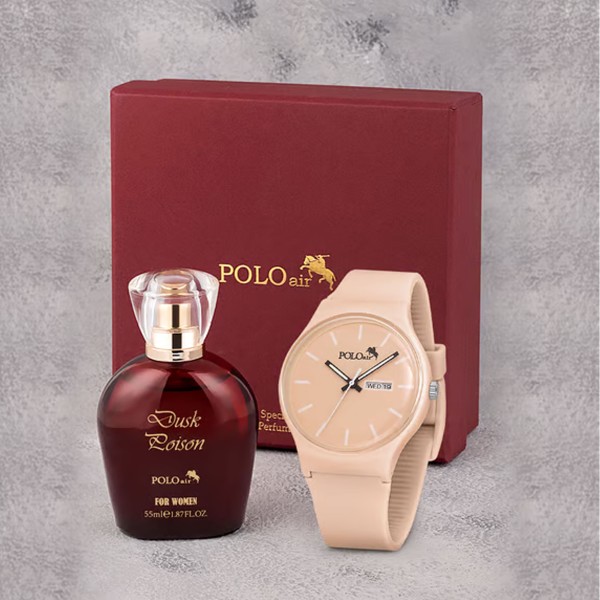 "polo air Spor Gün Ay Takvimli Kadın Kol Saati Parfüm Bordo Hediyelik Kutsunda Set"