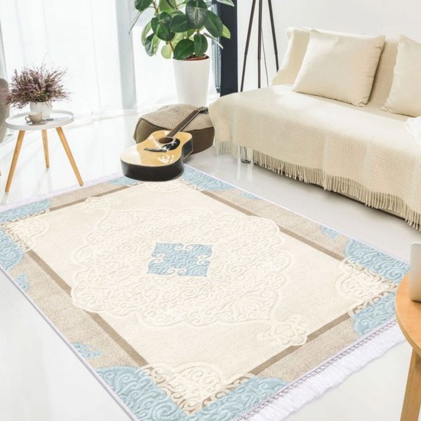 Teppich 120x160 cm Creme Türkis Waschbar 30°C Wohnzimmer Teppichläufer